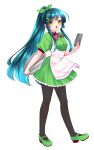  1girl :d absurdres apron black_pantyhose blue_hair bow bowtie clipboard dress edomura_niniko frilled_dress frills full_body green_dress green_ribbon green_shoes hair_ribbon highres holding holding_clipboard holding_tray long_hair long_sidelocks looking_at_viewer official_art open_mouth orange_eyes pantyhose pink_bow pink_bowtie ponytail ribbon shoes short_dress short_sleeves sidelocks simple_background smile solo standing touhoku_zunko transparent_background tray very_long_hair voiceroid white_apron 