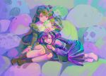  2girls absurdres akiha_school_uniform bang_dream! bang_dream!_yumemita bob_cut closed_eyes commentary crying crying_with_eyes_open dress fuji_miyako fuji_miyako_(real) green_hair hair_bun hair_ornament hairclip hand_on_another's_head headpat highres jianpolandedou1 lap_pillow long_hair long_sleeves mole mole_under_mouth multiple_girls one_side_up open_mouth purple_eyes purple_hair sad school_uniform single_side_bun sitting tears untranslatable_commentary viola_(bang_dream!) x_hair_ornament yuri 