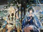  2girls absurdres animal_on_head bird bird_on_head black_dress black_hair blonde_hair blue_eyes blue_hair book breasts chinese_clothes chinese_commentary closed_mouth colored_inner_hair commentary_request dress folded_fan folding_fan hair_intakes hair_ornament hair_stick hand_fan heic-to-png_conversion highres holding holding_book holding_fan jacket jewelry large_breasts long_hair long_sleeves lossy-lossless multicolored_hair multiple_girls official_art on_head parted_lips qipao roroc2x_x siblings sisters sitting smile stitched suisui_(wuthering_waves) tacet_mark_(wuthering_waves) thighlet white_dress white_jacket wuthering_waves yangyang_(wuthering_waves) yangyang_(xuanling)_(wuthering_waves) yellow_eyes 