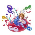  1girl 404_game_re:set adapted_costume anode_(404_game_re:set) arle_nadja arle_nadja_(cosplay) blue_eyes blue_shirt blue_shoes blue_skin breasts brown_eyes brown_hair colored_skin cosplay creature detached_sleeves frilled_skirt frills full_body green_eyes hairband long_sleeves medium_breasts midriff official_art open_mouth outstretched_arm personification pleated_skirt ponytail purple_eyes puyo_(puyopuyo) puyopuyo red_eyes shirt shoes sideless_outfit sideless_shirt sidelocks simple_background skirt sleeves_past_wrists slime_(creature) sneakers sparkle thighhighs third-party_source white_background white_sleeves white_thighhighs yellow_eyes yellow_hairband yuugen 