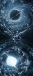  1girl absurdres black_hole check_commentary cityscape cloud commentary_request floating gravitational_lens highres implied_death kenzo_093 m87_black_hole original outstretched_arms pleated_skirt reflected_worlds scenery skirt space surreal swirling wind wind_lift 