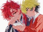  2boys aged_down black_hair black_shirt blonde_hair blush braid braided_ponytail child chinese_commentary closed_mouth collared_shirt commentary_request flying_sweatdrops hair_between_eyes hand_on_own_cheek hand_on_own_face head_rest holding holding_photo implied_yaoi jacket long_hair long_sleeves looking_at_another male_focus multicolored_hair multiple_boys necktie photo_(object) red_eyes red_hair red_necktie red_sweater shiguang_dailiren shirt short_hair simple_background single_braid sleeves_past_wrists smile sweatdrop sweater two-tone_hair tyoookozuki undershirt upper_body white_background white_shirt xia_fei xiao_weiying yaoi yellow_eyes 