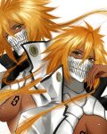  1girl arrancar berrr9 bleach bleach:_sennen_kessen-hen blonde_hair breast_tattoo breasts cleavage cleavage_cutout clothing_cutout collared_jacket commentary dark-skinned_female dark_skin green_eyes hair_between_eyes hand_on_own_face highres jacket looking_at_viewer mask mouth_mask multiple_views number_tattoo open_clothes open_jacket resurreccion revealing_clothes short_hair_with_long_locks simple_background skull_mask solo_focus tattoo tier_harribel underboob white_background white_jacket 