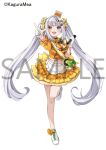  1girl :d apron blue_eyes breasts brown_eyes commentary_request frilled_apron frills full_body gloves grey_hair hair_ornament heterochromia holding holding_microphone kagura_gumi kagura_mea layered_skirt long_hair medium_breasts microphone midriff natsume_eri navel official_art orange_shirt orange_skirt outstretched_arm puffy_short_sleeves puffy_sleeves sample_watermark shirt shoes short_sleeves simple_background skirt smile solo standing standing_on_one_leg star_(symbol) star_hair_ornament twintails very_long_hair virtual_youtuber waist_apron watermark white_apron white_background white_gloves white_shoes 