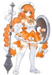  1girl absurdres anchor_ornament beret boots bow bowtie braid breasts commentary_request frilled_skirt frills hair_bow hat highres holding holding_mace holding_shield holding_weapon ishmael_(project_moon) large_breasts limbus_company long_hair low_twin_braids mace magical_girl orange_bow orange_bowtie orange_hair orange_sailor_collar project_moon ro/ku sailor_collar shield simple_background skirt solo standing thick_thighs thigh_boots thighs twin_braids very_long_hair weapon white_background white_boots white_bow white_hat 