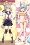  1girl :d ahoge animal_ear_fluff animal_ears arm_up armpits ball bare_arms bare_shoulders beach beachball bike_shorts bikini black_shorts black_socks blue_archive blue_sailor_collar blue_skirt blush braid breasts brown_gloves brown_hair clothes_lift commentary_request dakimakura_(medium) fox_ears gloves green_eyes groin hair_between_eyes halo highres innertube knee_pads lifting_own_clothes long_sleeves low_twintails lying midriff multiple_views navel necktie niiya no_shoes on_back orange_bikini otogi_(blue_archive) otogi_(c108_swimsuit)_(blue_archive) pleated_skirt puffy_long_sleeves puffy_sleeves red_necktie sailor_collar sand sandals shirt shorts shorts_under_skirt skirt skirt_lift small_breasts smile socks starfish swim_ring swimsuit twin_braids twintails v v_over_eye visor_cap white_shirt yellow_sandals 