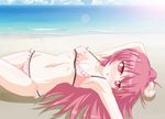  ahoge beach bikini breasts kagerou_(kers) long_hair lying medium_breasts navel ocean on_back pink_eyes pink_hair ponytail solo sugiura_ayano swimsuit yuru_yuri 
