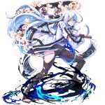  1girl absurdres aura black_gloves black_sandals black_thighhighs blue_eyes branch cherry_blossoms closed_mouth clothing_cutout coat coat_lift commentary_request crossed_bangs dark_aura double-parted_bangs eiyuu_densetsu falling_petals fiery_aura fighting_stance fingerless_gloves floating_clothes floating_hair flower full_body gloves hair_between_eyes half_updo highres holding holding_sword holding_weapon kuro_no_kiseki_(series) kuro_no_kiseki_i long_hair looking_at_viewer obi obijime ootachi open_clothes open_coat petals sandals sash shizuna_rem_misurugi sidelocks smile solo standing sword thigh_cutout thighhighs v-shaped_eyebrows very_long_hair weapon white_background white_flower white_hair white_petals zer00han 