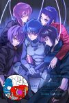  5girls arm_around_shoulder blue_hair bulletproof_vest cable coat commentary_request cyborg fingerless_gloves fuchikoma ghost_in_the_shell ghost_in_the_shell:_sac_2045 ghost_in_the_shell:_stand_alone_complex ghost_in_the_shell_(1995) ghost_in_the_shell_arise gloves highres in-franchise_crossover jacket kusanagi_motoko looking_at_viewer multiple_girls multiple_persona purple_eyes purple_hair red_eyes short_hair sironeko_miiko sitting tachikoma the_ghost_in_the_shell_(2026) 