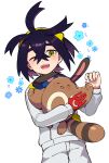  0mzum1 1boy arm_up black_hair blue_flower closed_eyes colored_inner_hair commentary_request crossed_bangs double-parted_bangs flower happy_aura highres holding holding_pokemon jacket kieran_(pokemon) long_sleeves male_focus multicolored_hair one_eye_closed open_mouth pants pokemon pokemon_(creature) pokemon_scarlet_and_violet purple_hair sentret solo triangle_mouth white_background white_jacket white_pants yellow_eyes 