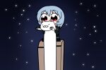  1girl animal ayanami_rei bkub_(style) black_bodysuit blue_hair bodysuit cat commentary_request earth_(planet) highres holding holding_animal holding_cat longcat_(meme) mecha_pilot_suit meme neon_genesis_evangelion planet plugsuit_(evangelion) red_eyes sashimi_(sasihmi) short_hair solo space star_(sky) stitched third-party_edit white_cat x_anus 