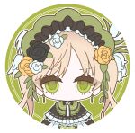  1girl artist_request blonde_hair bonnet border chibi chibi_only copyright_notice dress earrings flower frills green_bonnet green_eyes hair_flower hair_ornament highres jewelry lolita_fashion long_hair long_sleeves looking_at_viewer mahou_shoujo_no_majo_saiban no_mouth official_art profile_picture rose round_border solo tono_hanna twintails white_flower white_rose winged_hat yellow_flower yellow_rose 