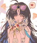  1girl absurdres alternate_costume black_hair blue_hair closed_eyes colored_inner_hair commentary_request dress eating flat_chest food heart highres holding holding_food holding_pizza multicolored_hair pink-tinted_eyewear pizza pong2 portrait simple_background solo speech_bubble straight-on sunglasses tacet_mark_(wuthering_waves) tinted_eyewear white_background white_dress white_hair wuthering_waves yangyang_(wuthering_waves) yangyang_(xuanling)_(wuthering_waves) 