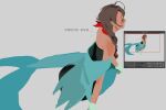  1girl ace_attorney ahoge art_program_in_frame bare_arms bare_shoulders black_dress blue_tail braid brown_hair closed_eyes closed_mouth commentary_request dress expressionless fins fish_tail full_body gloves grey_background hair_over_shoulder hand_on_lap korean_commentary korean_text long_hair merfolk mermaid missing_headwear monster_girl monsterification pointy_nose procreate_(medium) procreate_(software) red_scarf saman_zero7 scarf short_dress simple_background single_braid solo strapless strapless_dress tail translation_request trucy_wright white_gloves 