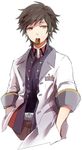  black_hair brown_eyes coat expressionless food food_in_mouth fruit hands_in_pockets isago_(ica) jude_mathis male_focus mouth_hold solo strawberry tales_of_(series) tales_of_xillia tales_of_xillia_2 white_background 