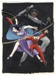  1970s_(style) 1girl 2boys andou_masahiro aqua_cape barro belt bem bera black_background black_belt black_hair black_hat black_jacket black_sandals black_shoes blank_eyes blue_eyeshadow blue_hair border breasts cane cape claw_pose cleavage clenched_hand colored_sclera dark-skinned_female dark_skin dress eyeshadow fangs fedora hat holding holding_cane holding_whip jacket lapels long_hair makeup multiple_boys official_art painting_(medium) pale_skin pants pointy_ears purple_dress red_pants red_shirt retro_artstyle sandals shirt shoes short_hair simple_background slit_pupils suit suit_jacket third-party_source traditional_media whip white_border white_pants white_shirt yellow_sclera youkai_ningen_bem 