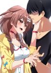  1boy 1girl animal_collar animal_ears black_hair black_shirt blush bone_hair_ornament braid breasts brown_eyes brown_hair cartoon_bone clothing_request collar commentary_request dog_ears dog_girl faceless faceless_male fang fingernails fuyumi_kazuki hair_between_eyes hair_ornament hand_on_another's_hand hand_on_another's_neck highres hololive hololive_gamers inugami_korone inugami_korone_(1st_costume) jacket low_twin_braids open_mouth orange_nails red_collar shaded_face shirt short_sleeves smile sweat translation_request twin_braids virtual_youtuber yellow_jacket 