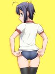  adjusting_buruma adjusting_clothes ahoge ass black_legwear blue_eyes buruma chuunibyou_demo_koi_ga_shitai! eyepatch gym_uniform looking_back one_side_up panties panties_under_buruma pink_panties profile purple_hair simple_background solo takanashi_rikka thigh_gap thighhighs ueyama_michirou underwear yellow_background 