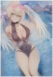  1girl absurdres adjusting_eyewear arm_support artist_name black_one-piece_swimsuit blonde_hair blue_archive breasts center_opening cleavage clothing_cutout collarbone commentary covered_navel english_commentary english_text feathered_wings flying_nimbus full_cleavage halo highres hip_vent hyperlin3x looking_at_viewer nagisa_(blue_archive) nagisa_(swimsuit)_(blue_archive) one-piece_swimsuit pink-tinted_eyewear signature sitting solo sunglasses swimsuit thigh_gap tinted_eyewear title twitter_username water white_wings wings 
