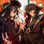  1boy 1girl beads black_hair commentary fingernails hair_ornament halloween heterochromia highres holding holding_mask hong_lu_(project_moon) jiangshi limbus_company llllao216913 long_fingernails long_hair mask oni_mask project_moon red_eyes ryoshu_(project_moon) short_hair trick_or_treat 