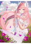 1girl blue_sky breasts cloud cloudy_sky commentary cyrene_(demiurge)_(honkai:_star_rail) cyrene_(honkai:_star_rail) diamond-shaped_pupils diamond_(shape) dress flower grass hair_flower hair_ornament highres honkai:_star_rail honkai_(series) large_breasts letterboxed long_hair looking_at_viewer outdoors pink_hair pointy_ears purple_eyes sky smile solo symbol-shaped_pupils unimaru_sann very_long_hair white_dress 