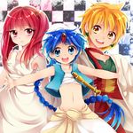  2boys :d :t aladdin_(magi) ali_baba_saluja blonde_hair blue_eyes blue_hair checkered checkered_background choker dress earrings flute instrument jewelry long_hair magi_the_labyrinth_of_magic midriff morgiana multiple_boys navel one_side_up open_mouth outstretched_arms red_eyes red_hair shirt smile spread_arms star starry_background turban uzuki_aki vest white_dress yellow_eyes 
