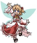  ascot blonde_hair blue_eyes blush child deku_(dekunosu) fang full_body mary_janes obi open_mouth sash shoes short_hair simple_background skirt smile solo sun_(symbol) sunny_milk touhou twintails white_background wings 