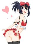  ass black_hair blue_eyes blush chikuishi flat_chest heart kunihiro_hajime no_bra no_panties ponytail revealing_clothes ribbon saki smile solo thighhighs 