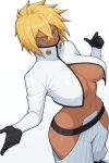  1girl ai-generated arrancar artkymi3 belt black_belt black_gloves bleach blonde_hair breasts cleavage cleavage_cutout clothing_cutout collared_jacket colored_eyelashes convenient_censoring cropped_jacket dark-skinned_female dark_skin eyelashes facepaint gloves green_eyes hair_between_eyes highres jacket looking_at_viewer navel pants simple_background solo standing tier_harribel underboob white_jacket white_pants 