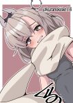  1girl black_one-piece_swimsuit breasts brown_background commentary_request cowboy_shot dutch_angle grey_eyes grey_hair highres kantai_collection kurano_kisuke long_hair one-hour_drawing_challenge one-piece_swimsuit scarf signature small_breasts solo swimsuit twitter_username upper_body wahoo_(kancolle) white_scarf wince 