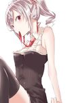  drill_hair hair_ribbon ichihi_(spinon) idolmaster idolmaster_cinderella_girls kanzaki_ranko mouth_hold necktie ribbon silver_hair simple_background sleeveless solo thighhighs twin_drills twintails white_background 