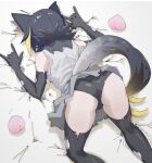  1girl animal_ears ass back black_hair black_panties commentary_request elbow_gloves extra_ears food fruit gloves highres kemono_friends kemono_friends_3 lowlandgorilla multicolored_hair panties pantyshot peach raijuu_(kemono_friends) shirt short_hair simple_background skirt sleeveless sleeveless_shirt solo streaked_hair tail thighhighs underwear 