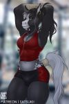  2019 anthro black_hair blurred_background breasts bulge dickgirl equine green_eyes hair horse intersex mammal midriff navel satsukii solo standing 