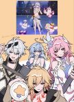  2boys 2girls bikini blonde_hair blue_eyes blue_hair breasts chest_tattoo commentary_request cyrene_(demiurge)_(honkai:_star_rail) cyrene_(honkai:_star_rail) diamond-shaped_pupils diamond_(shape) dress electric_guitar eyewear_on_head flower game_screenshot_inset guitar hair_flower hair_ornament halo head_wings highres holding holding_guitar holding_instrument honkai:_star_rail honkai_(series) instrument long_hair looking_at_viewer medium_breasts multiple_boys multiple_girls mydei_(honkai:_star_rail) phainon_(honkai:_star_rail) pink_hair pointy_ears purple_eyes red_tattoo robin_(honkai:_star_rail) robin_(summeretto)_(honkai:_star_rail) screenshot_inset short_hair smile suisan_0105 sunglasses swimsuit symbol-shaped_pupils tattoo very_long_hair white_bikini white_dress white_hair white_wings wings yellow_background 