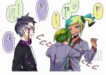  1boy 2girls :d alternate_costume alternate_hairstyle aqua_hair black_jacket black_nails blonde_hair canari_(pokemon) commentary_request corbeau_(pokemon) glasses gradient_hair green_hair green_necktie harmony_(pokemon) highres jacket long_sleeves looking_at_another mask_pull multicolored_hair multicolored_nails multiple_girls necktie pokemon pokemon_legends:_z-a purple_hair purple_jacket purple_nails smile speech_bubble split-color_hair translation_request two-tone_nails watermark white_background white_necktie yukari_(yukari21653710) 