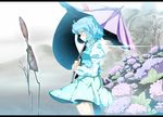  blue_hair blush bus_stop flower highres hydrangea jinkou-kuu juliet_sleeves letterboxed long_sleeves puffy_sleeves purple_umbrella rain red_eyes shirt short_hair skirt skirt_set solo tatara_kogasa touhou tree umbrella vest wind 