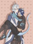  2boys ^_^ absurdres amua690459 angert_(infinity_nikki) armor arms_around_neck belt belt_buckle black_pants blue_eyes blue_hair blue_horns blue_scales blue_tunic boots braid brown_belt brown_boots brown_corset brown_headband brown_ribbon brown_vest buckle carrying chinese_commentary circlet closed_eyes closed_mouth coat collared_shirt commentary_request corset cowboy_shot cropped_shirt cropped_vest dark-skinned_male dark_skin dragon_boy dragon_horns dragon_tail grey_hair hair_between_eyes hair_over_shoulder hair_tubes happy headband heart heart_background high_collar highres hip_bones horn_ornament horn_ribbon horns infinity_nikki knee_boots light_smile lips long_hair looking_at_another male_focus meghill_(infinity_nikki) midriff multiple_boys nikki_(series) nostrils orange_background pants parksolian_(infinity_nikki) parted_bangs pauldrons pink_lips pointy_ears princess_carry ribbon shadow shirt short_hair shoulder_armor single_braid single_hair_tube sleeveless sleeveless_coat standing tail thick_lips thigh_belt thigh_boots thigh_strap tunic v-neck variant_set vest white_coat white_shirt yaoi 