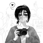  1girl 5others alien_stage camera english_commentary english_text glowstick greyscale heart highres holding holding_camera holding_glowstick holding_sign hood hoodie imsoboredd4 mask monochrome mouth_mask multiple_others ponytail short_ponytail sign spoken_heart sua_(alien_stage) sua_(zombie_stage) zombie_stage 