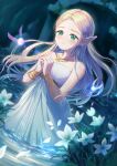  1girl armband bare_shoulders blonde_hair building commentary_request dress fairy fairy_wings falling_petals flower green_eyes highres jewelry moss necklace nunuyen open_mouth overgrown partially_submerged petals pointy_ears praying princess_zelda reflection reflective_liquid rubble ruins silent_princess solo strapless strapless_dress the_legend_of_zelda the_legend_of_zelda:_breath_of_the_wild triforce water white_dress wings worried 