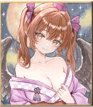  1girl alternate_costume bare_shoulders bird_wings black_wings blush bow breasts brown_hair chikichiita closed_mouth commentary feathered_wings full_moon hair_between_eyes hair_bow hat highres himekaidou_hatate japanese_clothes kimono long_hair looking_at_viewer moon night off_shoulder painting_(medium) pointy_ears purple_bow purple_hat purple_kimono smile solo tokin_hat touhou traditional_media twintails upper_body watercolor_(medium) wings 