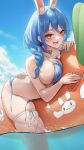  1girl :d absurdres animal_ear_fluff animal_ears bikini blue_bikini blue_hair blue_nails blue_sky braid braided_ponytail breasts cleavage cloud collar commentary_request cumulonimbus_cloud extra_ears frilled_bikini frills hair_over_shoulder halterneck highres hololive inflatable_raft large_breasts long_hair looking_at_viewer low_ponytail nail_polish ocean on_raft open_mouth outdoors pekomama pendant_collar ponytail rabbit-shaped_pupils rabbit_ears rabbit_girl rabbit_tail red_collar short_eyebrows side-tie_bikini_bottom sitting sky smile solo somebody_(leiking00) straddling string_bikini swimsuit symbol-shaped_pupils tail thick_eyebrows thigh_strap untied_bikini_bottom virtual_youtuber 
