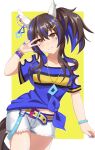  1girl animal_ears bead_bracelet beads belt blue_hair blue_shirt blush bracelet breasts brown_hair collarbone commentary_request cutoffs daitaku_helios_(fun_fun_party_night)_(umamusume) daitaku_helios_(umamusume) ear_covers elegant_(sumisumi4268) facial_tattoo grin hair_ornament hairclip highres horse_ears horse_girl horse_tail jewelry long_hair looking_at_viewer midriff_peek multicolored_hair multicolored_nails necklace open_mouth shirt shorts side_ponytail small_breasts smile solo star_(symbol) star_hair_ornament streaked_hair tail tattoo teeth tied_shirt umamusume w white_shorts yellow_belt yellow_eyes 