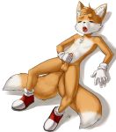  anthro aogami balls blue_eyes canid canine chest_tuft clothing erection footwear foreskin fox fur gloves half-closed_eyes humanoid_penis inner_ear_fluff lying male mammal masturbation miles_prower mostly_nude navel on_back open_muth penis pnile_masturbation shoes solo sonic_(series) tuft young 