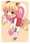  :d blonde_hair blush collarbone fang hair_bobbles hair_ornament heart highres hood hood_down hooded_jacket jacket leg_up long_hair masaki_(machisora) open_mouth original red_eyes shoes skirt smile sneakers solo thighhighs twintails white_legwear 