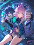  2girls absurdres ahoge black_hair closed_mouth commentary ghost_girl green_eyes headphones highres holding holding_phone jacket linko_(nte) multiple_girls navel neverness_to_everness open_clothes open_jacket phone pink_eyes pink_hair shirt short_shorts shorts sp0i0ppp tamagotchi_(virtual_pet) untranslatable_commentary virtual_pet_(toy) 