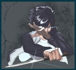  1boy black_sleeves blue_pupils clenched_hand commentary_request crack fighting_stance floating_clothes floating_hair folding_knife glaring glowing glowing_eye grey_jacket hair_over_one_eye highres holding holding_knife jacket knife looking_at_viewer male_focus messy_hair multicolored_jacket mystic_eyes_of_death_perception nanatsu-yoru natsu_doli official_alternate_costume open_hand outstretched_arm outstretched_hand reverse_grip shirt solo staring switchblade t-shirt tohno_shiki tsukihime tsukihime_(remake) two-tone_jacket white_shirt wind wind_lift 