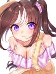  1girl animal_ears bare_shoulders blush boater_hat breasts brown_hair cleavage closed_eyes collarbone commentary_request hat highres hokko_tarumae_(pastel_marine_locadol)_(umamusume) hokko_tarumae_(umamusume) horse_ears horse_girl jewelry large_breasts long_hair looking_at_viewer morimoritani_36 multicolored_hair necklace official_alternate_costume official_alternate_hairstyle overall_skirt overalls purple_eyes side_ponytail simple_background smile solo tilted_headwear umamusume yellow_hat yellow_overalls 