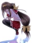  ajimu_najimi black_legwear bow brown_hair hairband kitty-bell92 long_hair medaka_box mirrored ponytail red_eyes school_uniform skirt solo thighhighs yellow_bow 