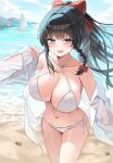  1girl absurdres bare_shoulders beach bikini black_hair blue_eyes bow braid breasts cleavage collarbone commentary cowboy_shot criss-cross_halter day front-tie_bikini_top front-tie_top full_cleavage hair_bow hair_ornament hairclip halterneck hand_up heart heart_hair_ornament highres jacket large_breasts long_hair long_sleeves looking_at_viewer muru_(muru_zi) navel ocean off_shoulder open_clothes open_jacket open_mouth outdoors ponytail sand shirayuki_hina side-tie_bikini_bottom smile solo stellive stomach string_bikini swimsuit thighs untranslatable_commentary virtual_youtuber water wet white_bikini white_jacket 