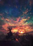  1girl backlighting bad_id bad_pixiv_id black_cat broom cat cityscape cloud cloudy_sky commentary english_commentary fantasy flying halloween highres jack-o'-lantern mt._chiyan night original outdoors rooftop scenery silhouette sky sparkle star_(sky) starry_sky wide_shot witch 